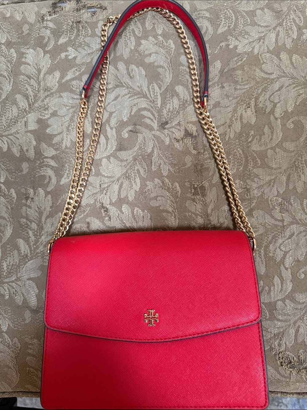 Tory Burch Red Leather Shoulder Bag with Gold Chain